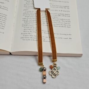 Handmade Camel Brown Velvet Ribbon Beaded Bookmark Flower Charm Handcrafted